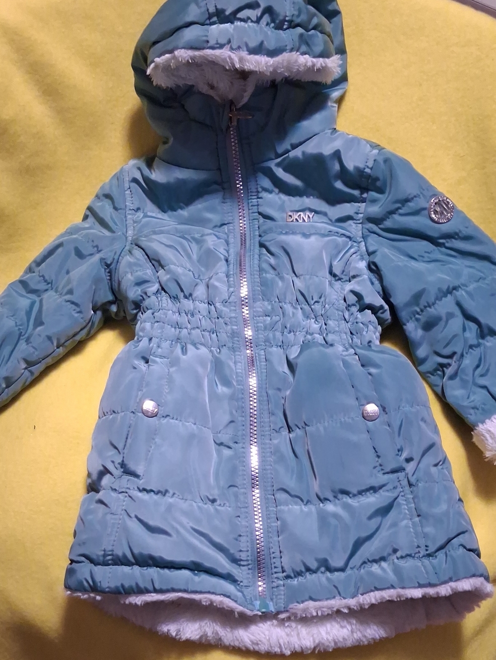 DKNY Girls' Teal Hooded Puffer Jacket with Faux-Fur Trim